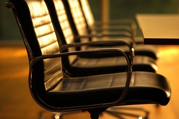 Black leather office chairs arranged in a row.
