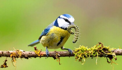 A blue tit bird with a worm in its beak perched on a branch
