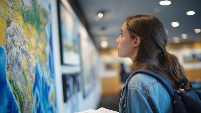 A woman in a denim jacket studies a world map in a university hallway, exploring exchange programs and global internships.