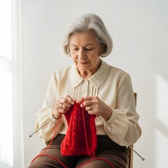 Senior woman with grey hair knitting a red garment, seated in a bright room with natural light.