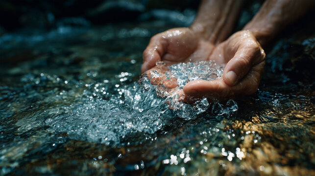 A person is holding their hands under a stream of water