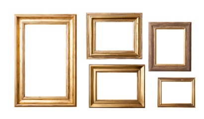  Set of different vintage gold picture frames with a black background