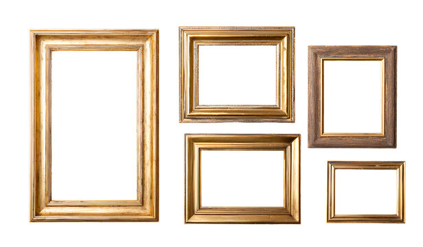  Set of different vintage gold picture frames with a black background