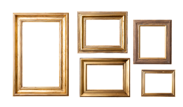  Set of different vintage gold picture frames with a black background