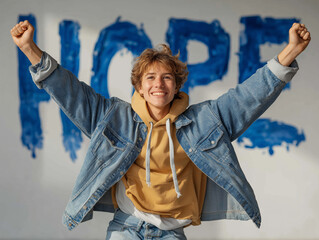 Young Person Embracing Hope: A joyous young person embodies the spirit of hope, their arms raised triumphantly against a backdrop that carries the word HOPE. It's a visual ode to optimism.