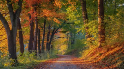 Fototapeta premium Vibrant autumn forest path bathed in golden sunlight