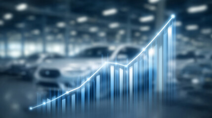 Automotive Market Trend: A digitally rendered graphic overlays a showroom, showcasing a rising growth chart, symbolizing positive sales trends and economic prosperity within the automotive industry.