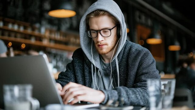 A young man in a hoodie and glasses working on a laptop in a modern cafe while listening to music on earphones.