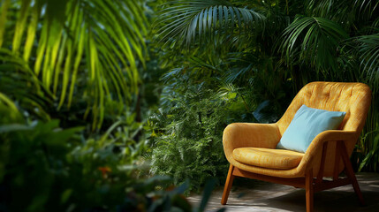Fototapeta premium Serene Sanctuary: A stylish armchair nestled amidst lush green foliage creates a peaceful outdoor retreat, inviting relaxation and contemplation in a harmonious, nature-infused setting.