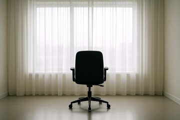 Empty office chair in front of large window with white curtains