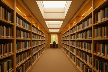 Modern library with bookshelves and single person reading
