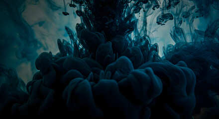 Abstract background of dark blue ink flowing in water, creating a dramatic and mysterious cloud formation