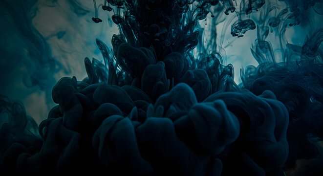 Abstract background of dark blue ink flowing in water, creating a dramatic and mysterious cloud formation