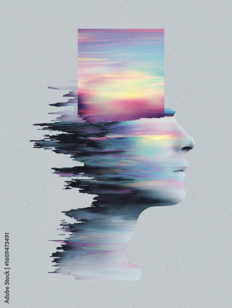 Poster waveforms emerging from an open head in a pastel palette against a blank background explore creativi