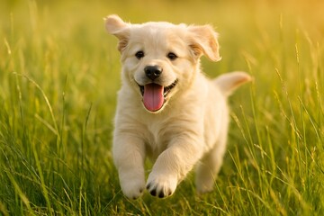 Happy golden retriever puppy running through grass