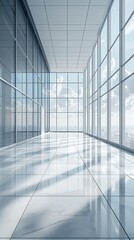 Obraz premium Modern Office Corridor with Panoramic Views and Reflective Tile Flooring