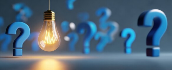 The glowing light bulb amid floating blue question marks representing curiosity and ideas.