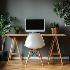 Minimalist workspace featuring a modern desk setup with lush greenery accents
