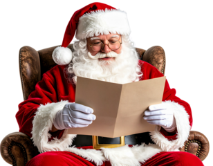 Santa Claus Reading Letter with Glasses, Seated Pose, Soft Lighting, Transparent PNG