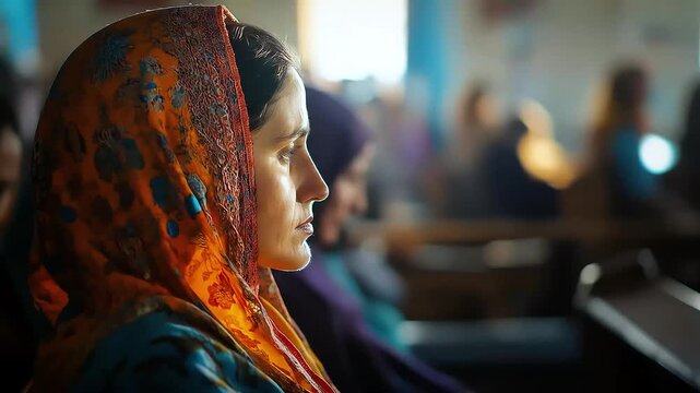 Woman listening intently in a religious setting