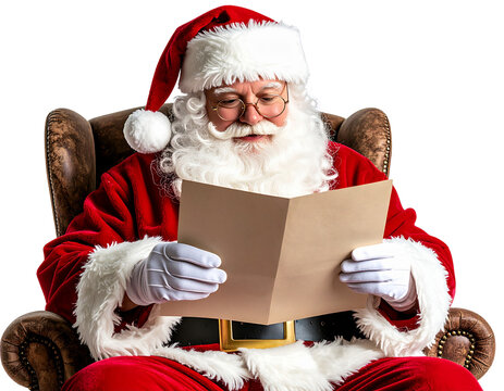 Santa Claus Reading Letter with Glasses, Seated Pose, Soft Lighting, Transparent PNG