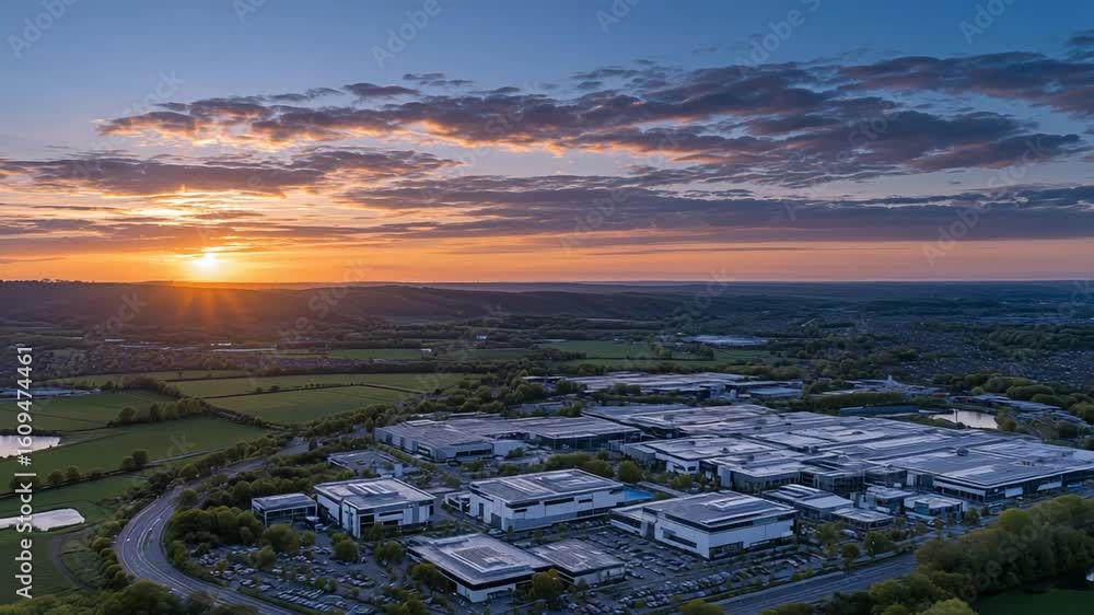 Poster aerial view of a high-tech data center with solar panels, set amidst lush countryside fields and tre
