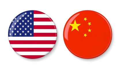 Two round, glossy, national flags.  American flag on left, Chinese flag on right.  Badges or buttons