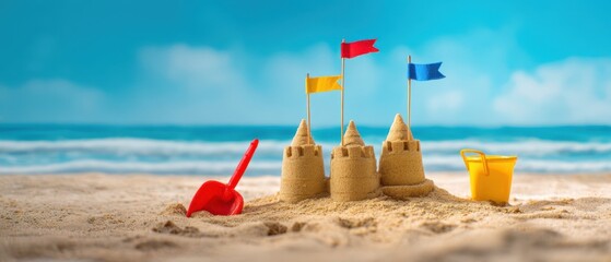 The colorful sandcastle with flags on a sunny beach shore
