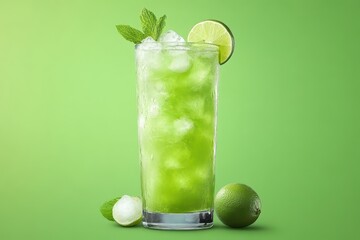Refreshing lime and mint drink in a tall glass.