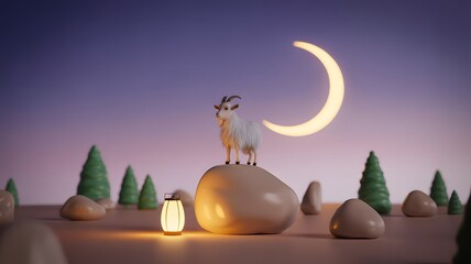 Whimsical owl character standing on rock under crescent moon and lantern light