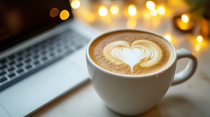 White coffee cup with a heart-shaped foam design set against a soft cream beige backdrop featuring a blurred laptop and warm lighting
