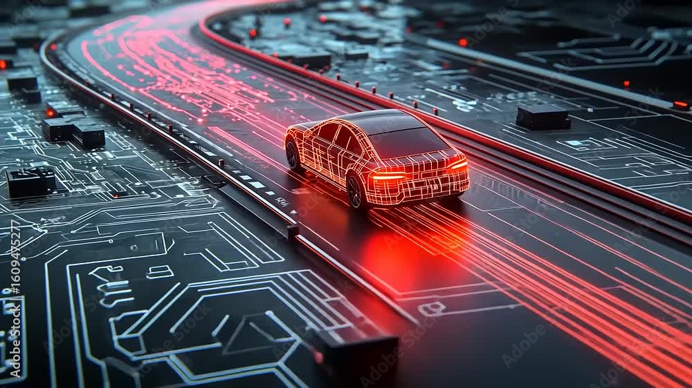Poster futuristic car navigating a digital circuit road with glowing trails in a tech-inspired environment