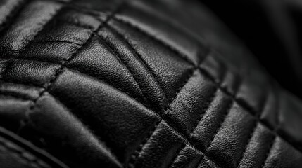 Fototapeta premium Close-up of black leather texture and pattern with a rich, grainy surface with subtle creases and folds for product promotion or luxury brand backgrounds.