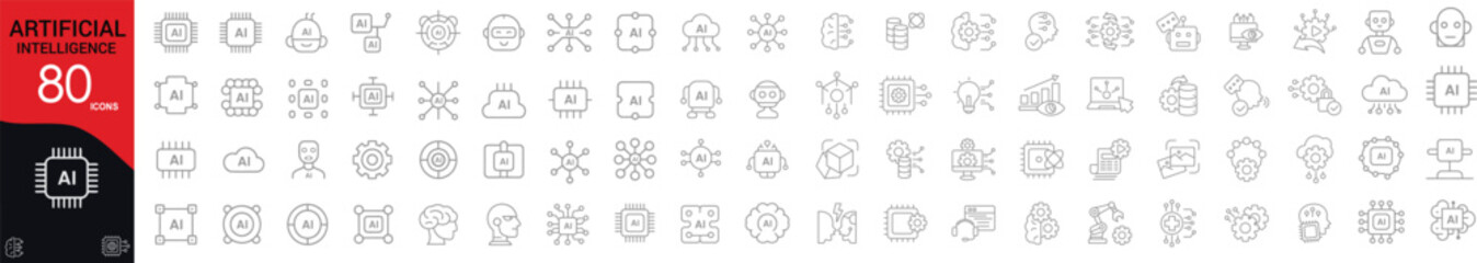 Artificial Intelligence icon set. Technology and AI related line icons: robot, machine learning, neural network, data, automation, algorithm, chatbot, computer, smart system and more. Editable stroke.