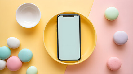 Top-down shot of smartphone in yellow bowl with Easter eggs and macarons on pastel background