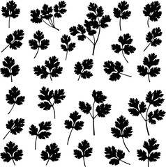 Collection of black silhouette cilantro sprigs, various sizes and arrangements.