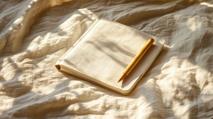 Blank notebook and pen on a linen surface.