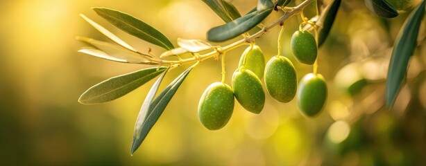 The vibrant green olives hanging on a sunlit olive tree branch.