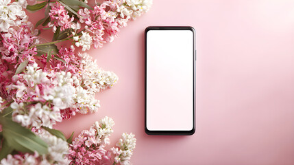 Smartphone Mockup with Lilac Flowers on a Pink Background for Social Media