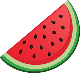 Vibrant watermelon slice with black seeds and green leaf illustration
