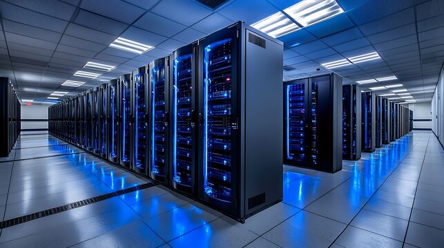Hallway lined with server racks in a data center showcasing advanced technology