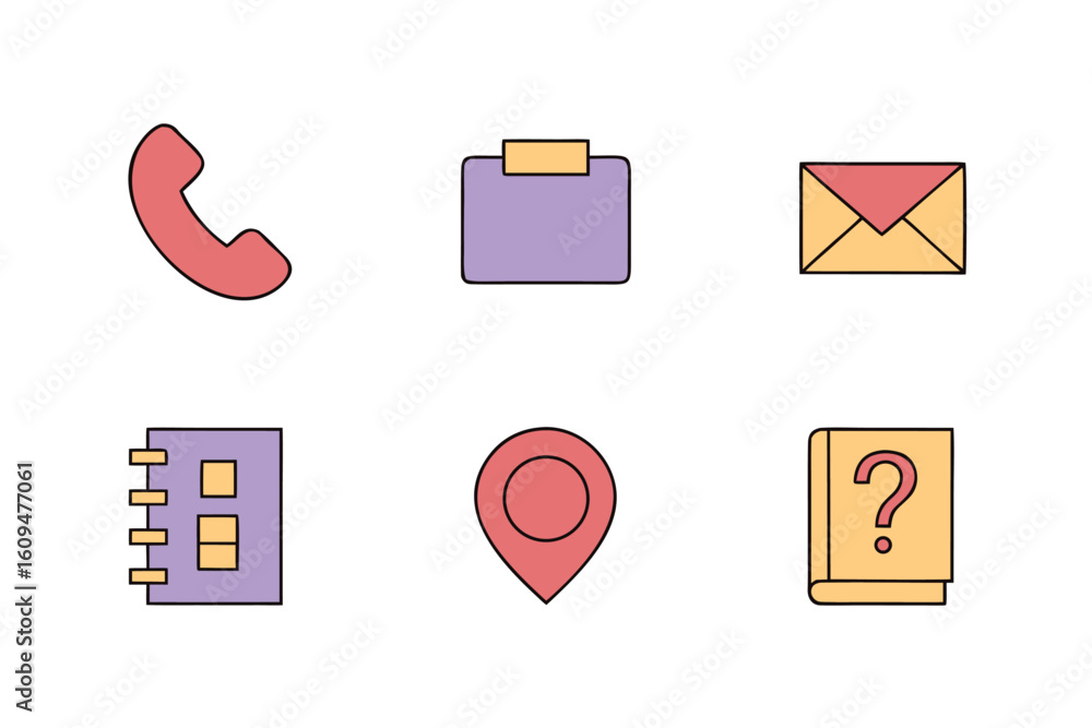 Poster collection of six simple flat icons including a phone envelope map notebook and question mark teleph