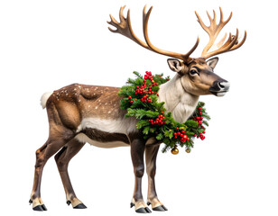 Rustic Reindeer with Woven Garland and Bells Around Neck, isolated PNG