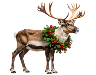 Rustic Reindeer with Woven Garland and Bells Around Neck, isolated PNG