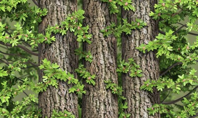 Three tree trunks with green leaves and rough bark in natural sunlight