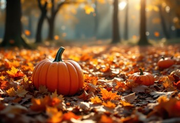 Orange pumpkin nestled amongst autumn leaves.
