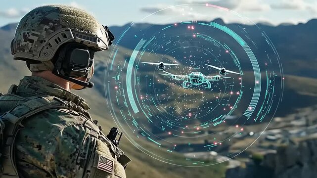 Soldier observing drone technology in mountainous terrain, showcasing military advancements and surveillance