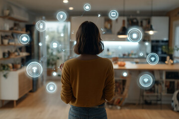 A woman stands in a modern home, interacting with a holographic interface displaying connected smart home devices