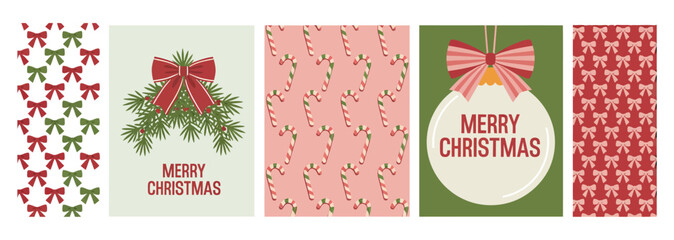 Vector art of festive christmas patterns feature bows, candy canes, and ornaments for a holiday background