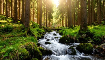 Obraz premium Sunlight streams through a mossy forest with a flowing brook